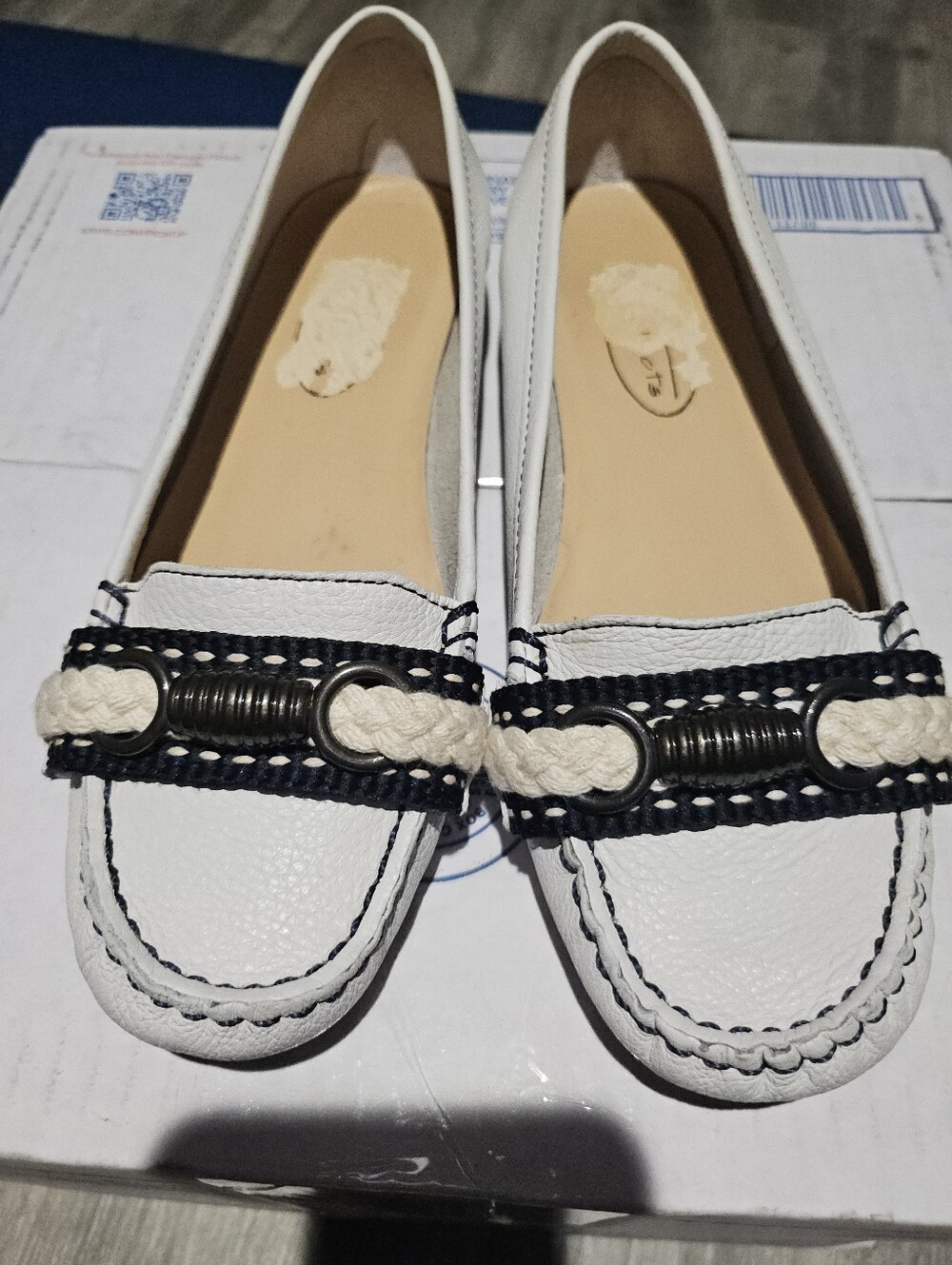 Talbots White Leather Loafers with Navy and Cream Braided Trim
